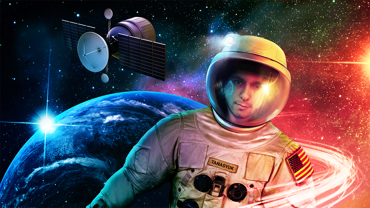 Space industry businessman. Editorial Digital Collage