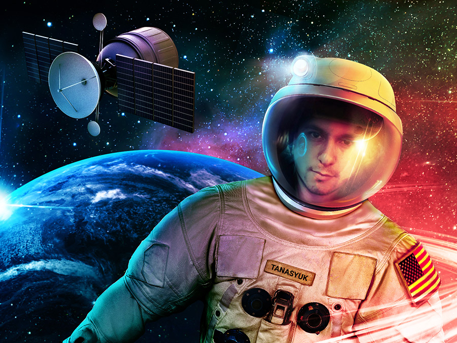 Space industry businessman. Editorial Digital Collage